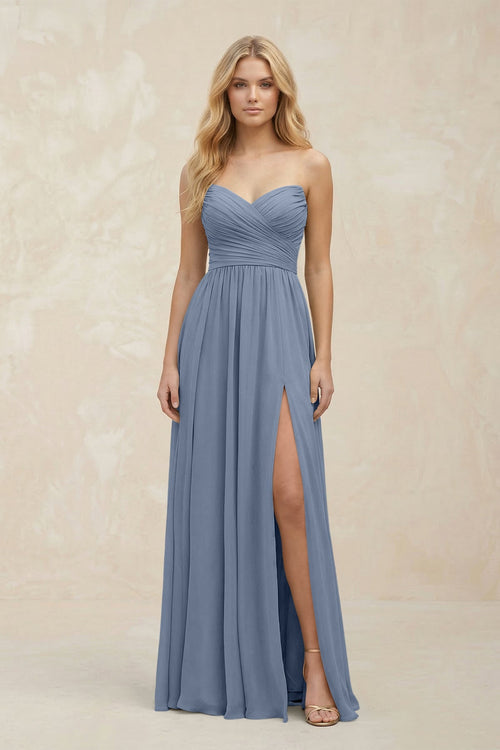 A - Line Sweetheart Pleated Chiffon Bridesmaid Dress in Neptune - SHE IS ME Bridesmaid Dresses