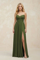 A - Line Sweetheart Pleated Chiffon Bridesmaid Dress in Olive - SHE IS ME Bridesmaid Dresses