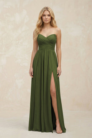 A - Line Sweetheart Pleated Chiffon Bridesmaid Dress in Olive - SHE IS ME Bridesmaid Dresses