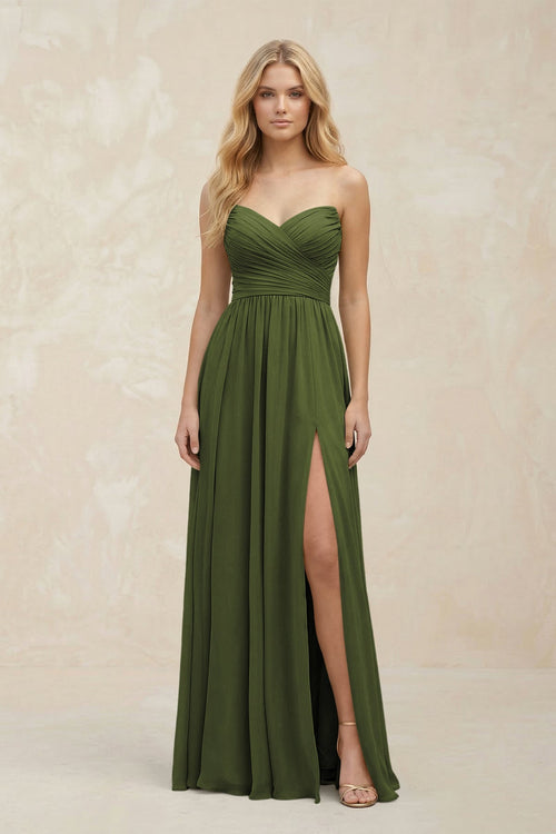 A - Line Sweetheart Pleated Chiffon Bridesmaid Dress in Olive - SHE IS ME Bridesmaid Dresses