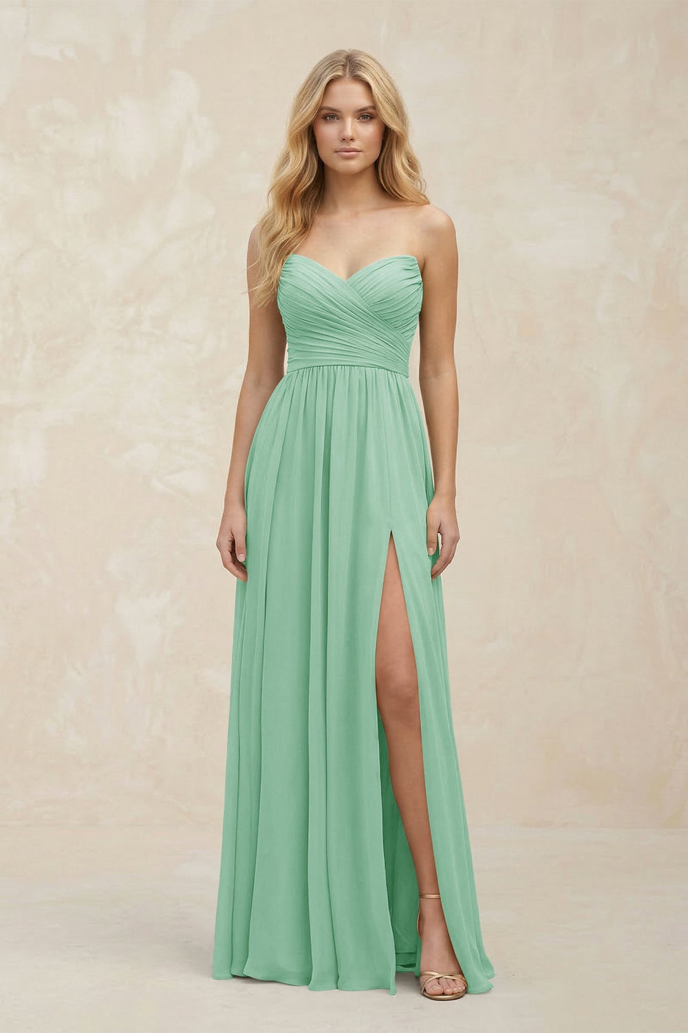 A - Line Sweetheart Pleated Chiffon Bridesmaid Dress in Pale Pistachio - KISS BRIDAL Bridesmaid Dresses