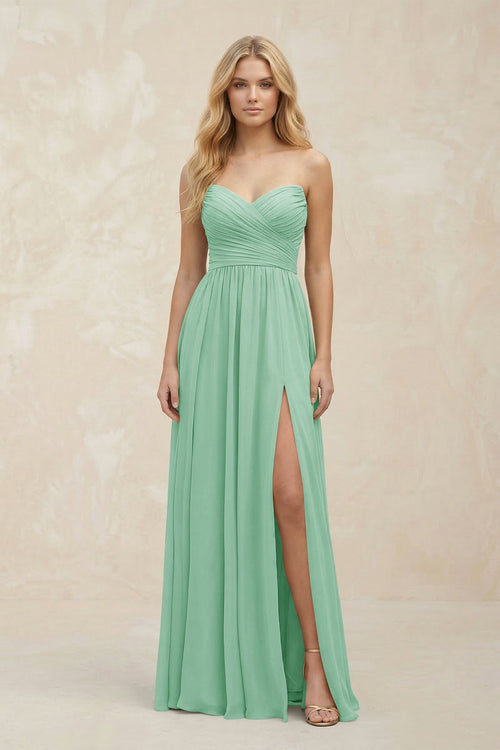 A - Line Sweetheart Pleated Chiffon Bridesmaid Dress in Pale Pistachio - SHE IS ME Bridesmaid Dresses