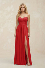 A - Line Sweetheart Pleated Chiffon Bridesmaid Dress in Ruby Red - KISS BRIDAL Bridesmaid Dresses