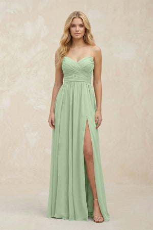 A - Line Sweetheart Pleated Chiffon Bridesmaid Dress in Sage - SHE IS ME Bridesmaid Dresses
