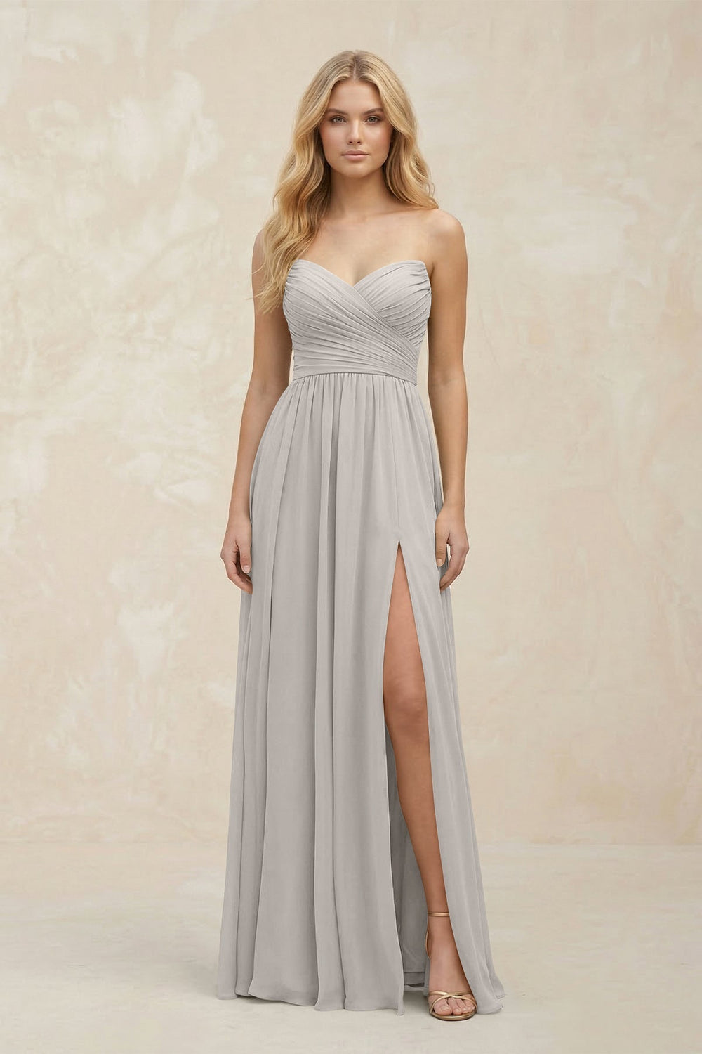 A - Line Sweetheart Pleated Chiffon Bridesmaid Dress in Silver - KISS BRIDAL Bridesmaid Dresses