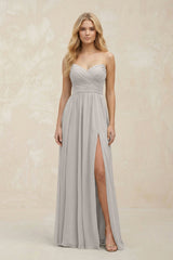 A - Line Sweetheart Pleated Chiffon Bridesmaid Dress in Silver - KISS BRIDAL Bridesmaid Dresses