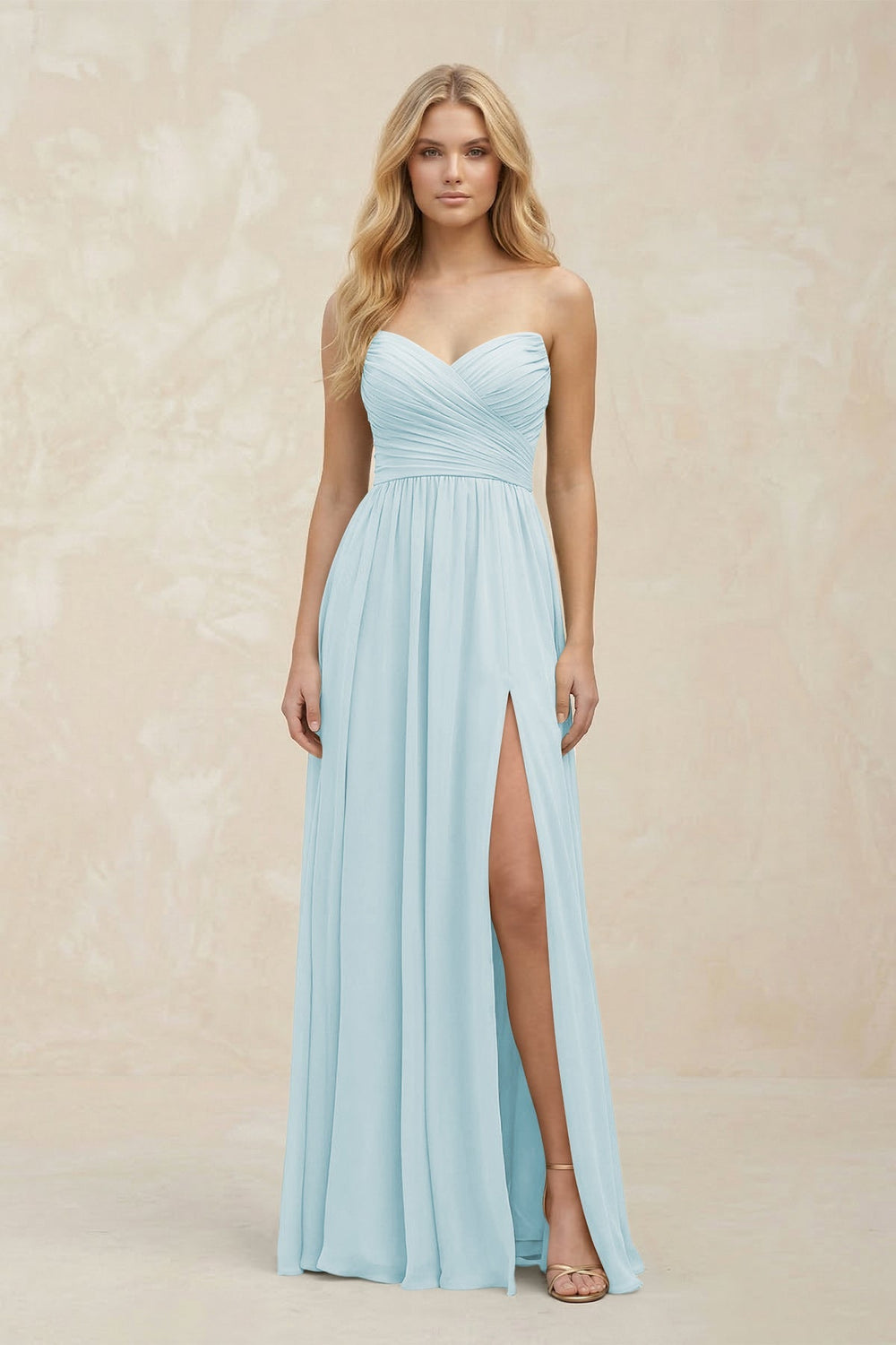 A - Line Sweetheart Pleated Chiffon Bridesmaid Dress in Sky Blue - KISS BRIDAL Bridesmaid Dresses