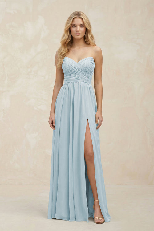 A-Line Sweetheart Pleated Chiffon Bridesmaid Dress in Sky Blue | KISSBRIDAL