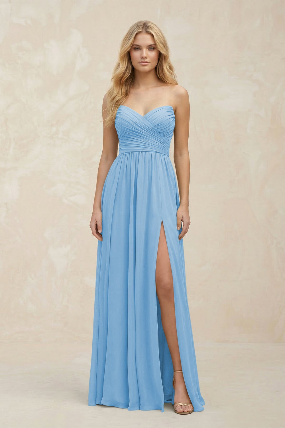 A - Line Sweetheart Pleated Chiffon Bridesmaid Dress in Steel Blue - KISS BRIDAL Bridesmaid Dresses