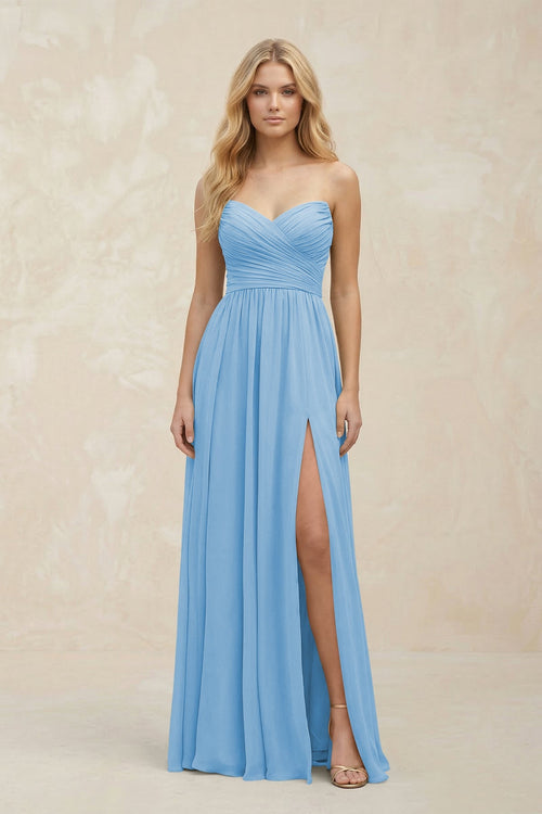A - Line Sweetheart Pleated Chiffon Bridesmaid Dress in Steel Blue - SHE IS ME Bridesmaid Dresses