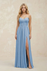 A-Line Sweetheart Pleated Chiffon Bridesmaid Dress in Steel Blue | KISSBRIDAL