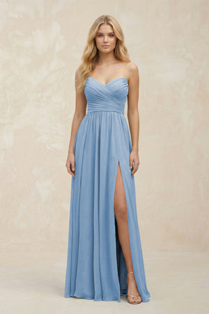 A-Line Sweetheart Pleated Chiffon Bridesmaid Dress in Steel Blue | KISSBRIDAL