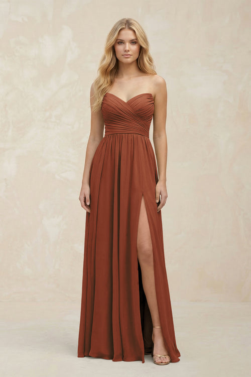 A-Line Sweetheart Pleated Chiffon Bridesmaid Dress in Terracotta | KISSBRIDAL