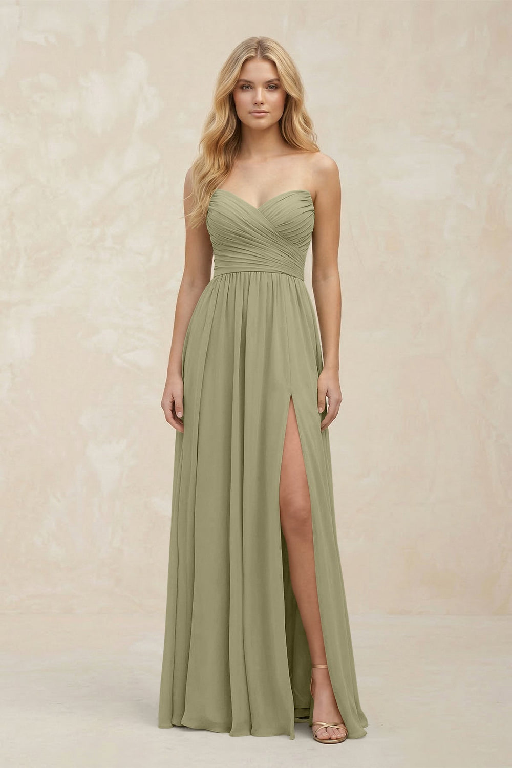 A - Line Sweetheart Pleated Chiffon Bridesmaid Dress in Thyme - KISS BRIDAL Bridesmaid Dresses