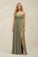A-Line Sweetheart Pleated Chiffon Bridesmaid Dress in Thyme | KISSBRIDAL