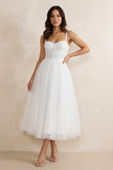 A - Line Sweetheart Satin Wedding Dresses with Ruffles in White - KISS BRIDAL Wedding Dresses