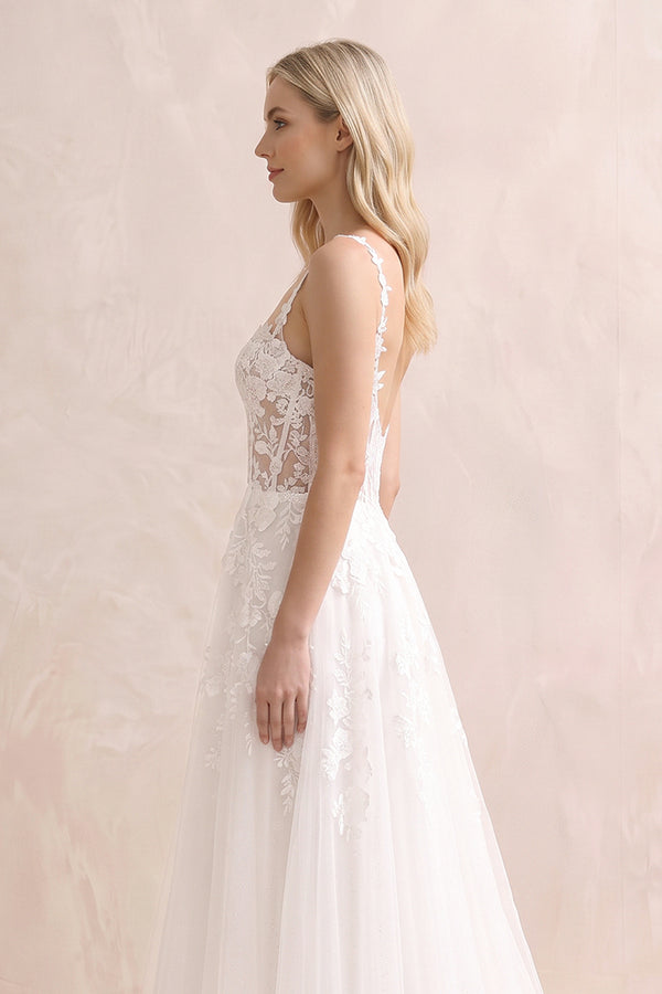 A Line Sweetheart Tulle Wedding Dresses with Appliques in White - KISS BRIDAL Wedding Dresses