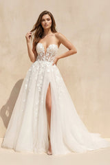 A - Line Sweetheart Tulle Wedding Dresses With Slit in White - KISS BRIDAL Wedding Dresses