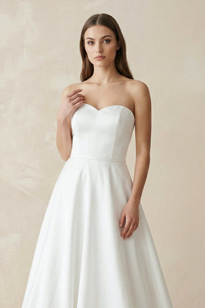 A - Line Sweetheart White Satin Wedding Dresses - SHE IS ME Wedding Dresses