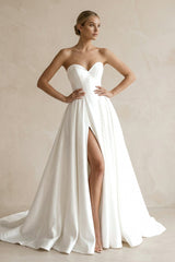 A - Line Sweetheart White Satin Wedding Dresses With Slit - KISS BRIDAL Wedding Dresses