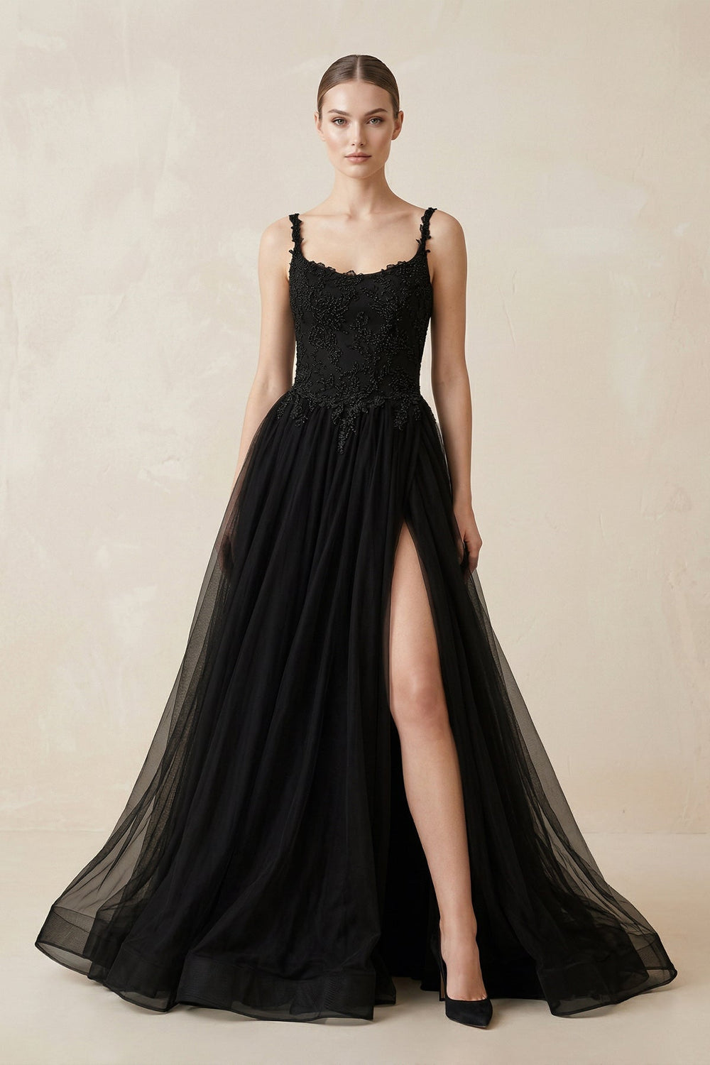 A - Line Tulle Appliqued Wedding Dress with Slit in Black - KISS BRIDAL Wedding Dresses