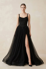 A - Line Tulle Appliqued Wedding Dress with Slit in Black - KISS BRIDAL Wedding Dresses