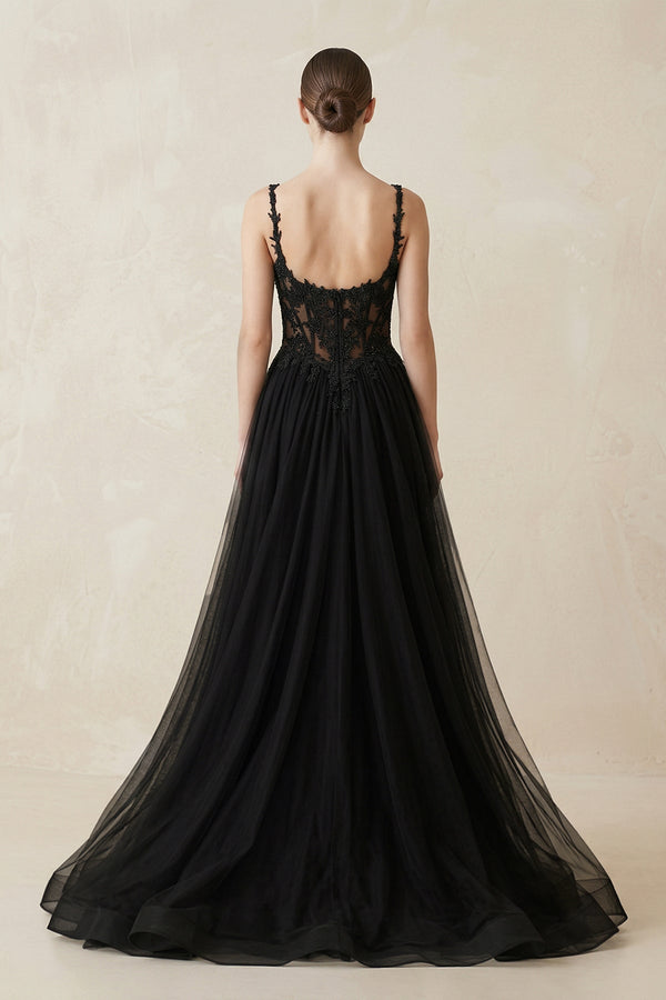A - Line Tulle Appliqued Wedding Dress with Slit in Black - SHE IS ME Wedding Dresses