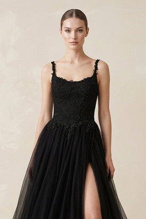 A - Line Tulle Appliqued Wedding Dress with Slit in Black - SHE IS ME Wedding Dresses