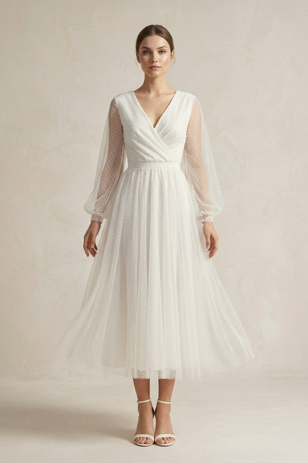A Line Tulle Long Sleeves Wedding Dress in Ivory - SHE IS ME Wedding Dresses