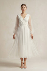 A Line Tulle Long Sleeves Wedding Dress in Ivory - KISS BRIDAL Wedding Dresses