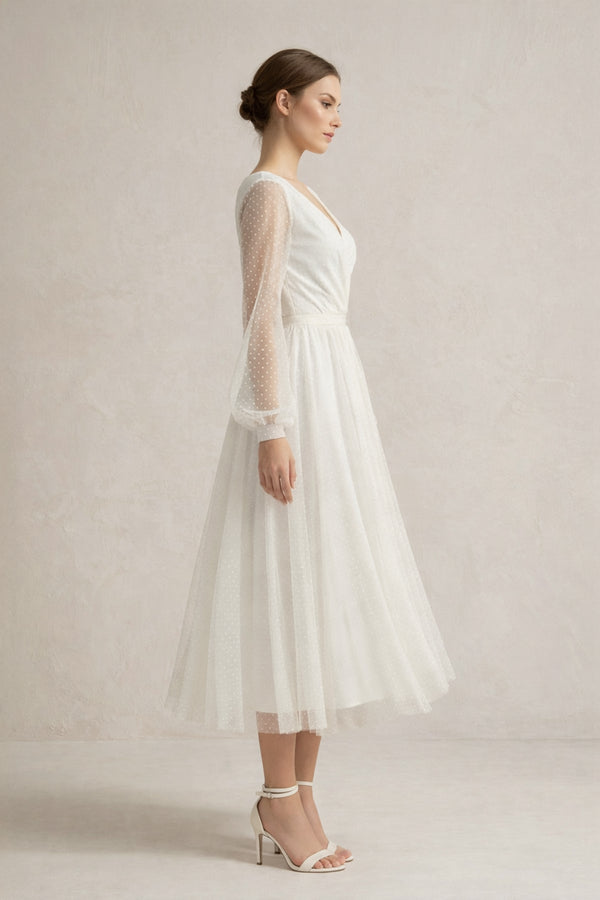 A Line Tulle Long Sleeves Wedding Dress in Ivory - SHE IS ME Wedding Dresses