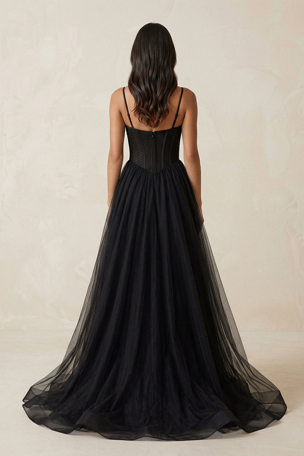 A - Line Tulle Sweetheart Corset Wedding Dress with Slit in Black - KISS BRIDAL Wedding Dresses