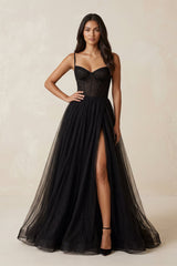 A - Line Tulle Sweetheart Corset Wedding Dress with Slit in Black - KISS BRIDAL Wedding Dresses