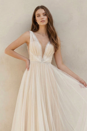 A - Line Tulle V - Neck Wedding Dress With Sequin in White and Nude - SHE IS ME Wedding Dresses