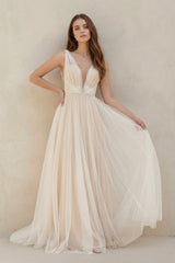 A - Line Tulle V - Neck Wedding Dress With Sequin in White and Nude - KISS BRIDAL Wedding Dresses