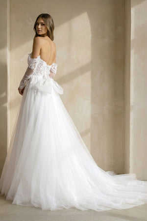 A Line Tulle Wedding Dress With Appliques in White - SHE IS ME Wedding Dresses