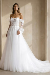 A Line Tulle Wedding Dress With Appliques in White - KISS BRIDAL Wedding Dresses