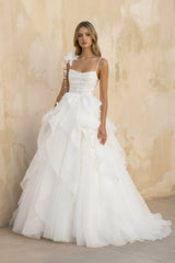 A Line Tulle Wedding Dress With Floral in White - KISS BRIDAL Wedding Dresses
