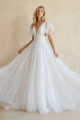 A - Line Tulle Wedding Dress With V - Neck in White - KISS BRIDAL Wedding Dresses