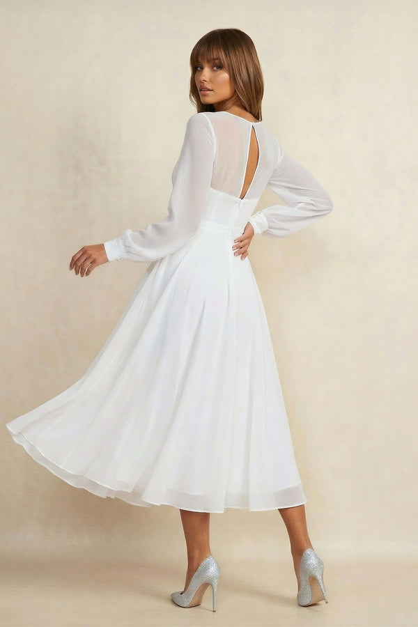 A Line V Neck Chiffon Long Sleeves Wedding Dress in White - SHE IS ME Wedding Dresses