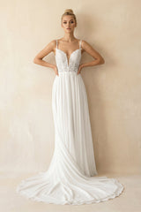 A - Line V - Neck Chiffon Wedding Dresses with Appliques in White - KISS BRIDAL Wedding Dresses