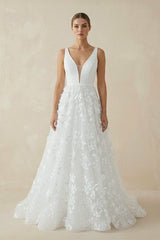 A Line V - Neck Lace Sleeveless Wedding Dresses - KISS BRIDAL Wedding Dresses