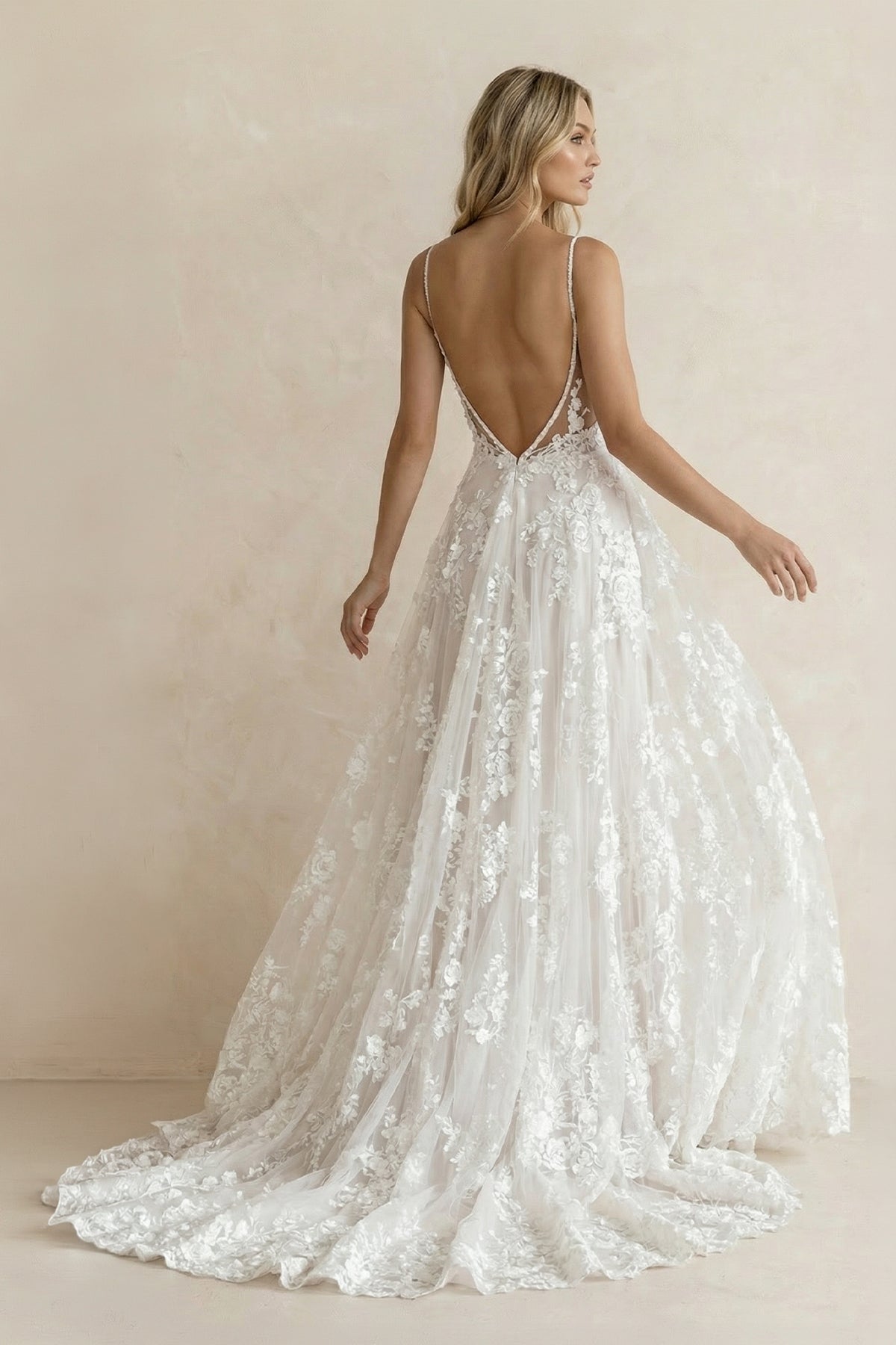 Sheisme | V Neck Lace A Line Wedding Dress With Slit