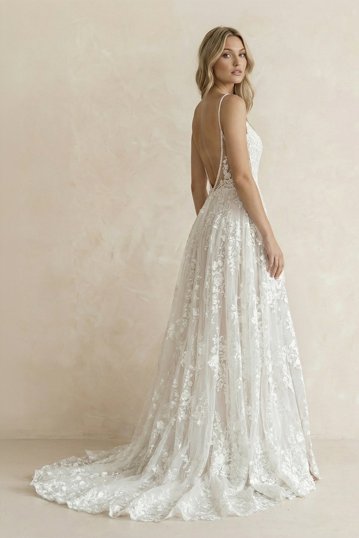 Sheisme | V Neck Lace A Line Wedding Dress With Slit