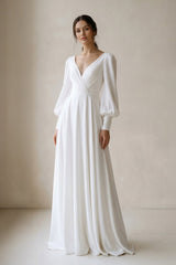 A - Line V - Neck Long Sleeves Chiffon Wedding Dresses in White - KISS BRIDAL Wedding Dresses