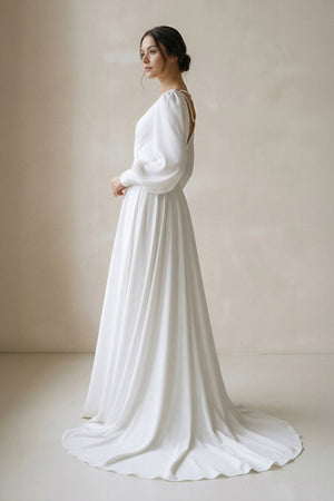 A - Line V - Neck Long Sleeves Chiffon Wedding Dresses in White - SHE IS ME Wedding Dresses