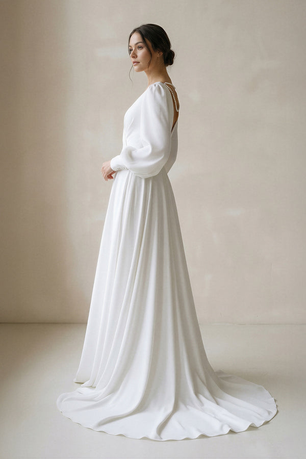 A - Line V - Neck Long Sleeves Chiffon Wedding Dresses in White - SHE IS ME Wedding Dresses