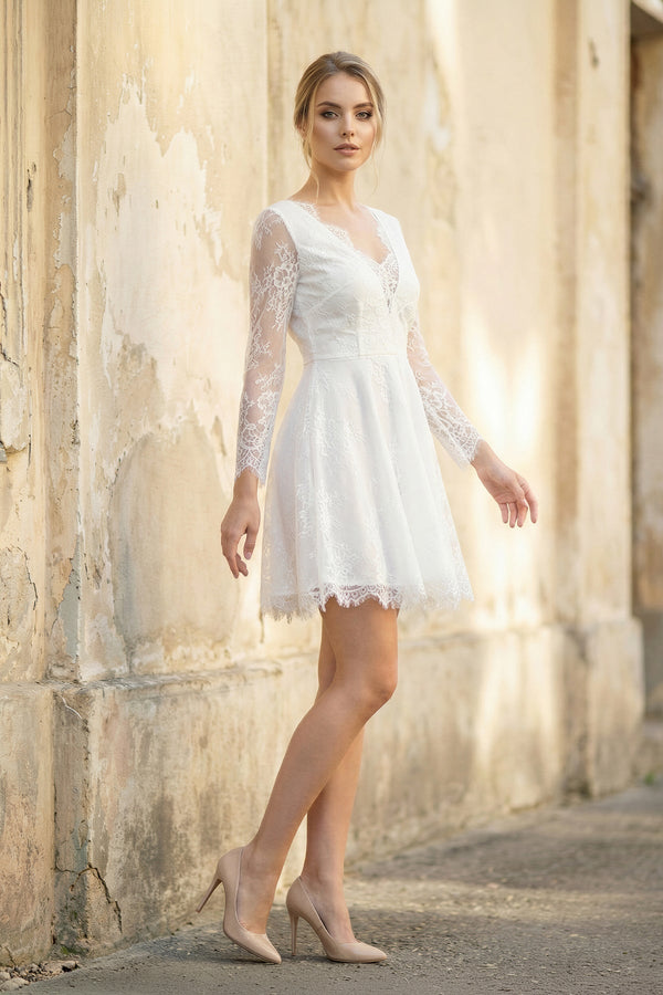 A Line V Neck Long Sleeves Lace Short Wedding Dress in White - SHE IS ME Wedding Dresses