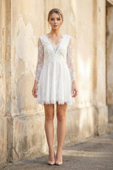 A Line V Neck Long Sleeves Lace Short Wedding Dress in White - KISS BRIDAL Wedding Dresses