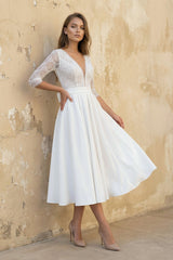 A Line V Neck Long Sleeves Satin Wedding Dress in White - KISS BRIDAL Wedding Dresses